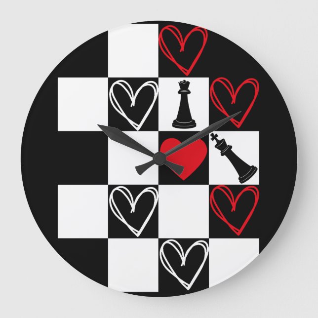Grande Horloge Ronde Chessboard Heart Valentines Day B&W (Recto)