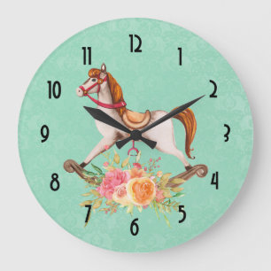 Grande Horloge Ronde Cheval à roche vintage avec Bouquet floral