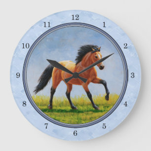 Grande Horloge Ronde Cheval Buckskin courant bleu clair