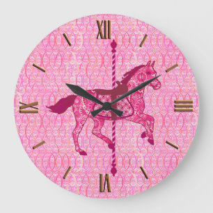 Grande Horloge Ronde Cheval de carrousel - Fuchsia rose