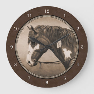 Grande Horloge Ronde Cheval de guerre indien Pinto à Sepia