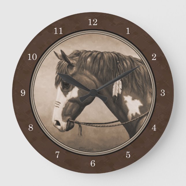 Grande Horloge Ronde Cheval de guerre indien Pinto à Sepia (Recto)