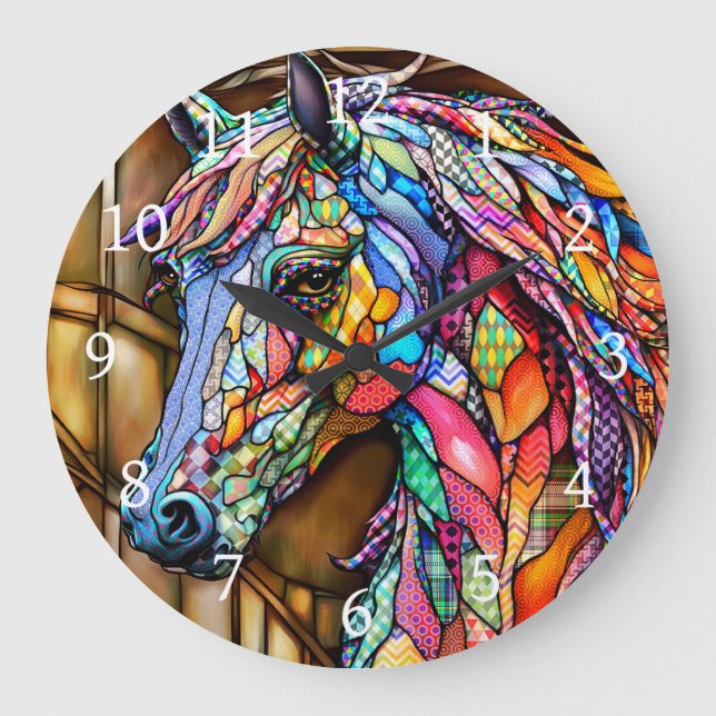 Grande Horloge Ronde Cheval de style mosaïque en verre à plusieurs coul (Recto)