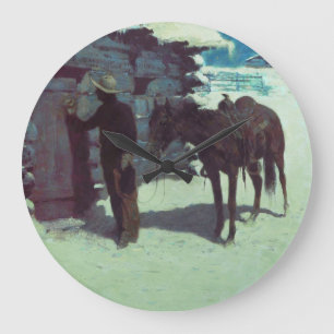 Grande Horloge Ronde Cheval et Cowboy neige hivernale
