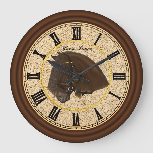 Grande Horloge Ronde Cheval friésien avec chiffres noirs (Recto)