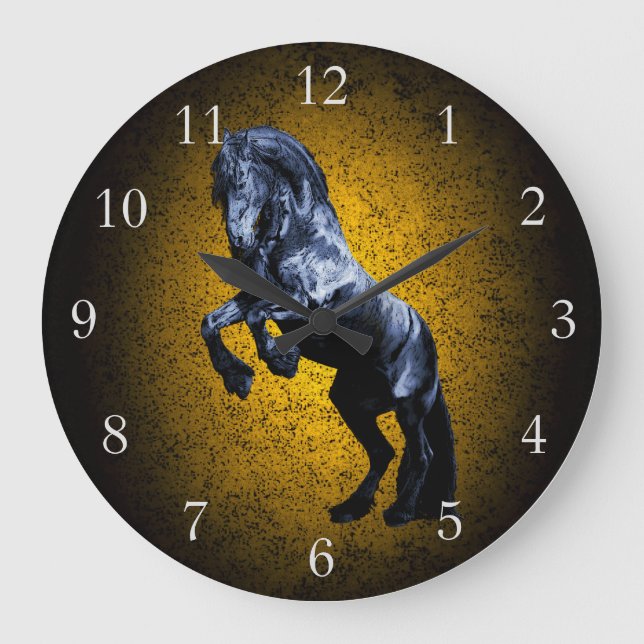 Grande Horloge Ronde Cheval friésien, étalon noir beauté or granit (Recto)