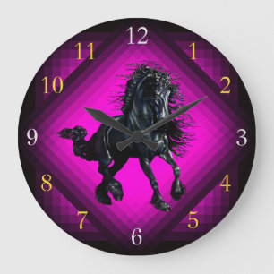 Grande Horloge Ronde Cheval friésien, étalon noir beauté rose étoile