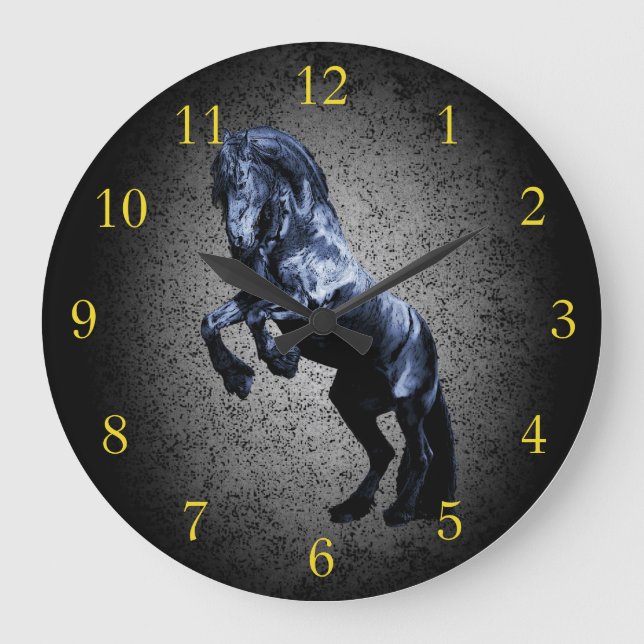 Grande Horloge Ronde Cheval frison, granit noir de gris de beauté (Recto)