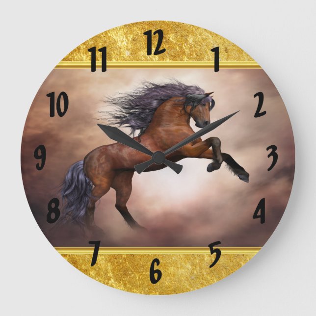 Grande Horloge Ronde Cheval frison s'élevant avec les nuages brumeux (Recto)