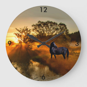 Grande Horloge Ronde Cheval noir au lever du soleil ou au coucher du so