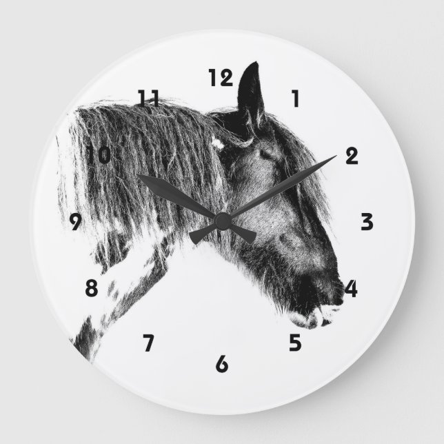 Grande Horloge Ronde Cheval noir et blanc (Recto)