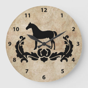 Grande Horloge Ronde Cheval noir et blanc Damas
