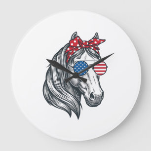 Grande Horloge Ronde Cheval Patriotique Avec Lunettes De Soleil Drapeau