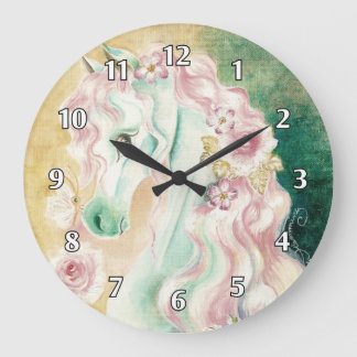Grande Horloge Ronde Cheval Roses à la crinière rose