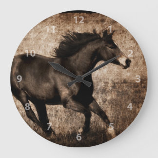 Grande Horloge Ronde Cheval Rustique Sepia Galloping