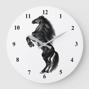 Grande Horloge Ronde Cheval sauvage noir dressé - Dessin noir et blanc