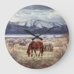 Grande Horloge Ronde Cheval sauvage : Paysage hivernal du Nevada.