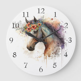 Grande Horloge Ronde Cheval visage avec couronne de fleurs