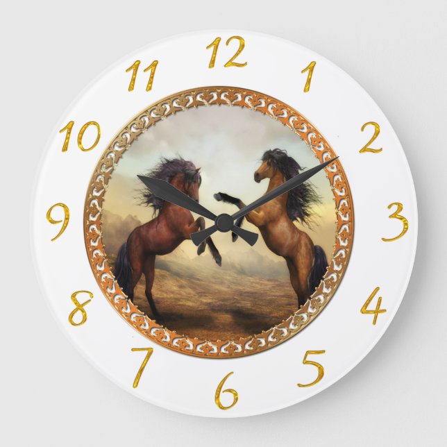 Grande Horloge Ronde Chevaux à cadre blanc et or (Recto)