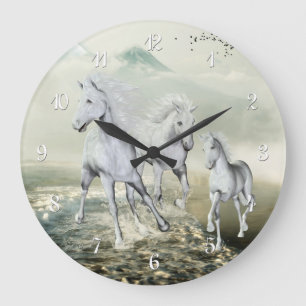 Grande Horloge Ronde Chevaux blancs sur la plage