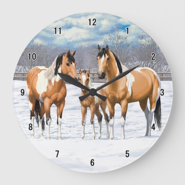 Grande Horloge Ronde Chevaux De Peinture À Peau De Bouche Dans La Neige (Recto)