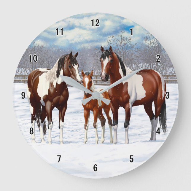 Grande Horloge Ronde Chevaux De Peinture De Baie Pinto En Neige D'Hiver (Recto)