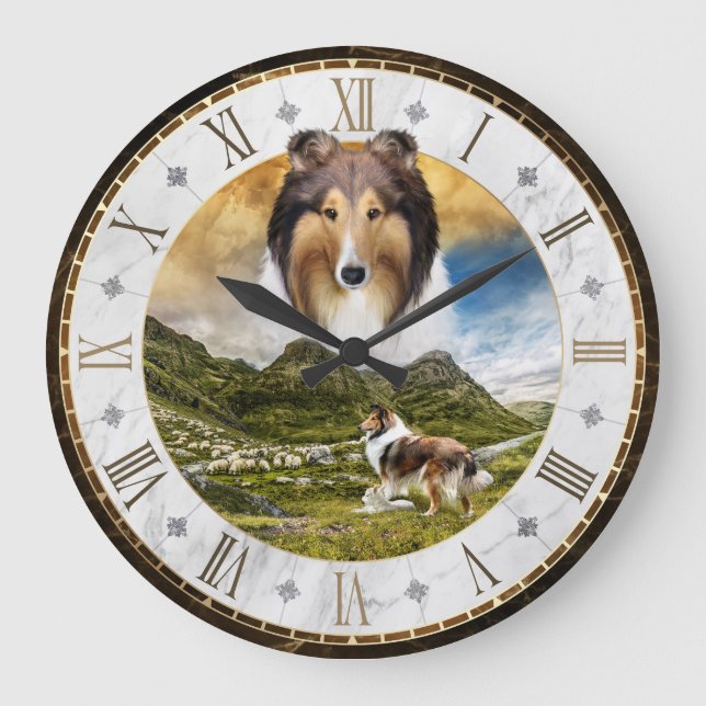 Grande Horloge Ronde Chevaux Herding Sable Rough Collie Dog, Roman Dial (Recto)