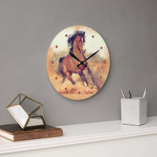 Grande Horloge Ronde Chevaux Mustang Sauvages Stampede Aquarelle