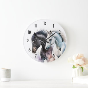 Grande Horloge Ronde Chevaux noir et blanc en aquarelle