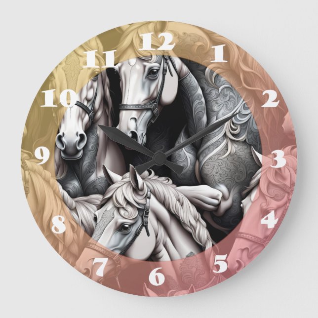 Grande Horloge Ronde Chevaux Peinture détaillée en Art noir et blanc (Recto)