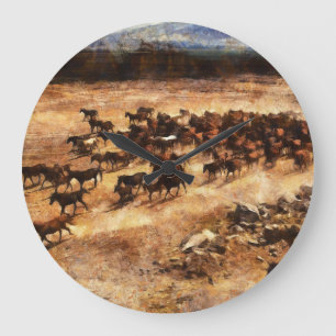 Grande Horloge Ronde Chevaux Sauvages : Majesté d'Animal Artistique.