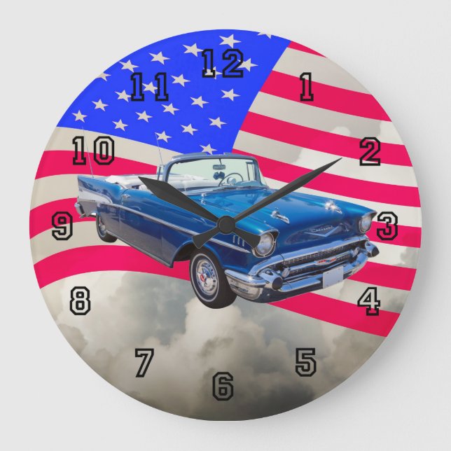 Grande Horloge Ronde Chevrolet Bel Air 1957 avec drapeau américain (Recto)