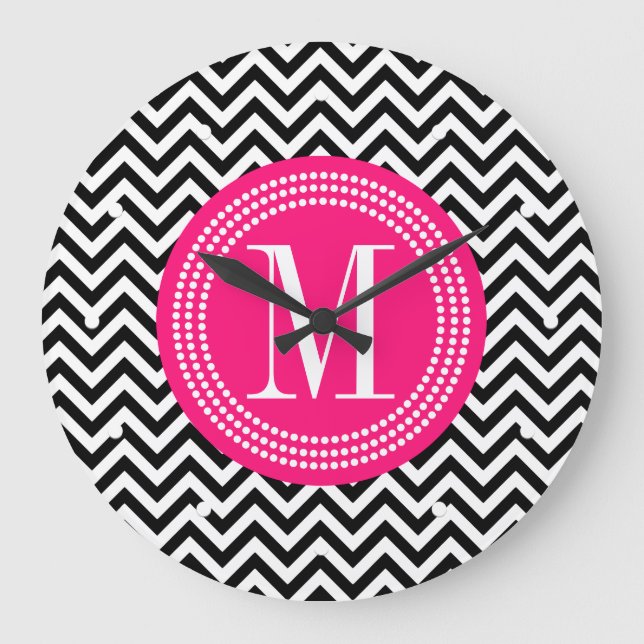 Grande Horloge Ronde Chevron noir et blanc Zigzag Personalized monogram (Recto)