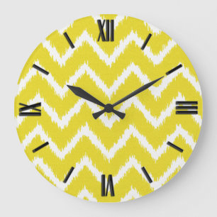 Grande Horloge Ronde Chevrons d'Ikat - jaune et blanc de moutarde