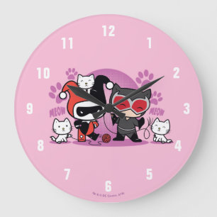 Grande Horloge Ronde Chibi Harley Quinn Et Chibi Catwoman Avec Des Chat