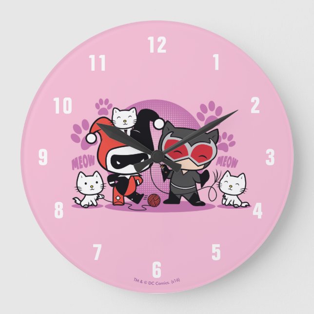 Grande Horloge Ronde Chibi Harley Quinn Et Chibi Catwoman Avec Des Chat (Recto)