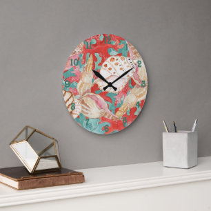 Grande Horloge Ronde Chic Aqua Turquoise Corail Rouge Motif Coquillages