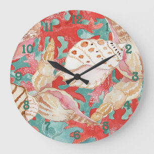 Grande Horloge Ronde Chic Aqua Turquoise Coral Motif de coquillages rou