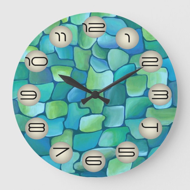 Grande Horloge Ronde Chic Artistic Green Artdeco Motif en Aquarelle (Recto)