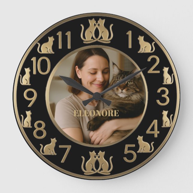 Grande Horloge Ronde Chic Black & Gold Cat Lover's Wall Clock (Recto)