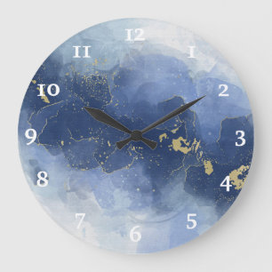 Grande Horloge Ronde Chic Bleu Or Encre d'alcool Aquarelle Grande horlo