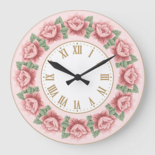 Grande Horloge Ronde Chic Démodé Fleur Rose Poussiéreuse Vintage França