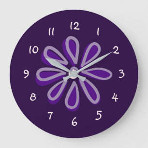 Grande Horloge Ronde Chic Doodle à fleurs violettes
