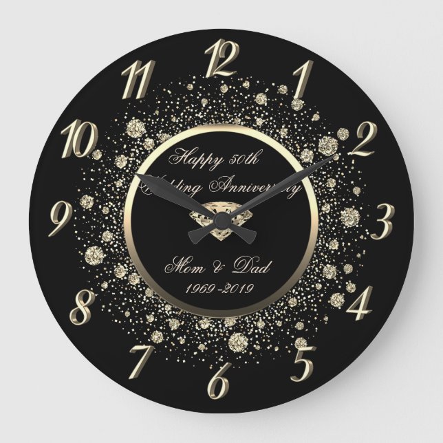 Grande Horloge Ronde Chic Gold Glitter Dots 50e anniversaire de mariage (Recto)