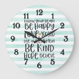 Grande Horloge Ronde Chic Mint Stripes Mots Inspirants