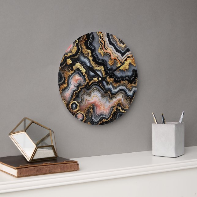 Grande Horloge Ronde Chic noir corail rose blanc marbre or Motif (Bureau)