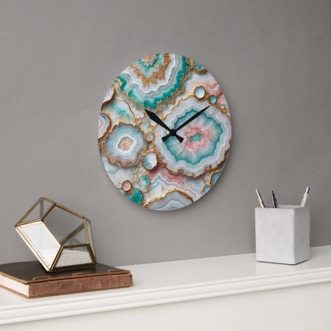 Grande Horloge Ronde Chic noir Turquoise bleu bleu rose Motif en marbre (Bureau)