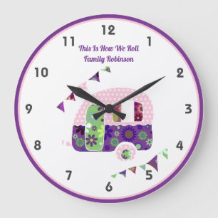 Grande Horloge Ronde Chic rétro Campervan violet rose hippy Shabby