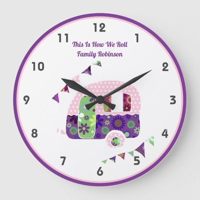 Grande Horloge Ronde Chic rétro Campervan violet rose hippy Shabby (Recto)