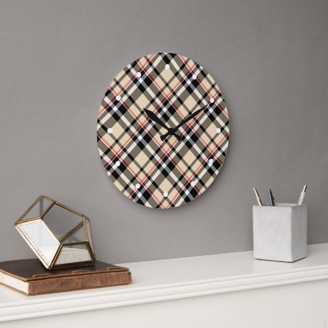 Grande Horloge Ronde Chic Rouge Beige Noir Blanc Plaid Stripes Motif (Bureau)